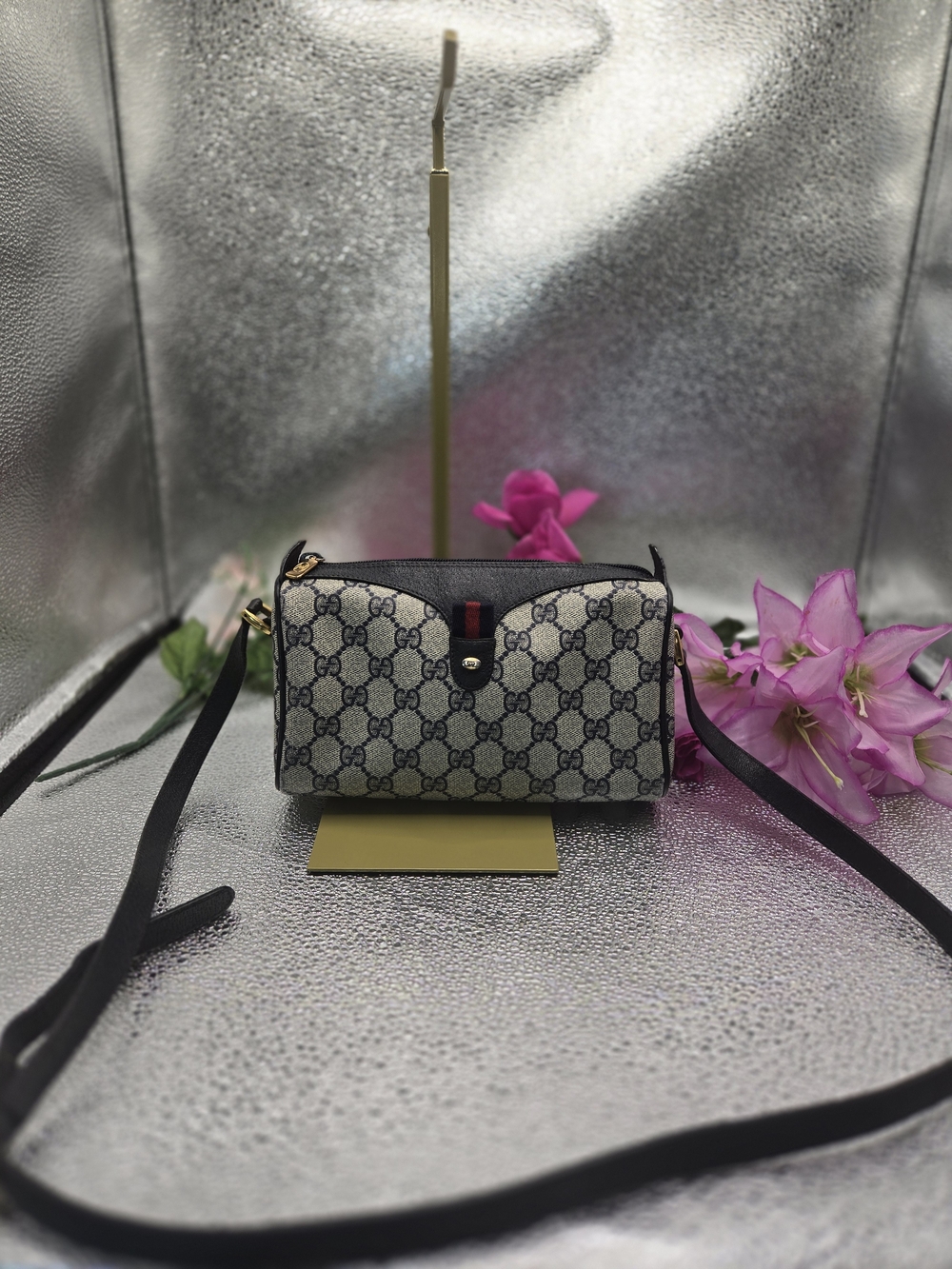 Gucci Navy Blue Crossbody Bag with Gold Accents